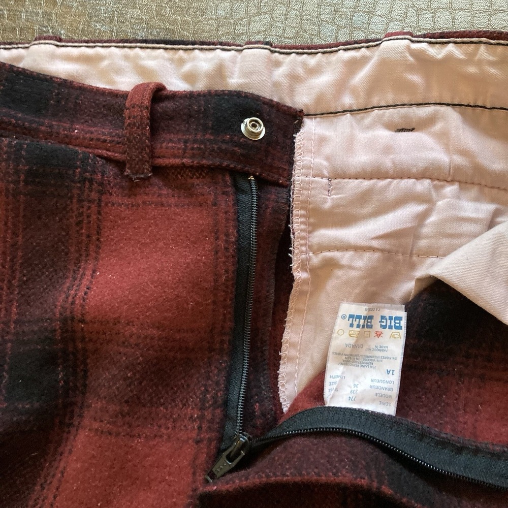 Vtg Big Bill Wool Blend Hunting Pants Mens 34 x 30 Red Plaid w/ FLAW Canada Made - Picture 13 of 16